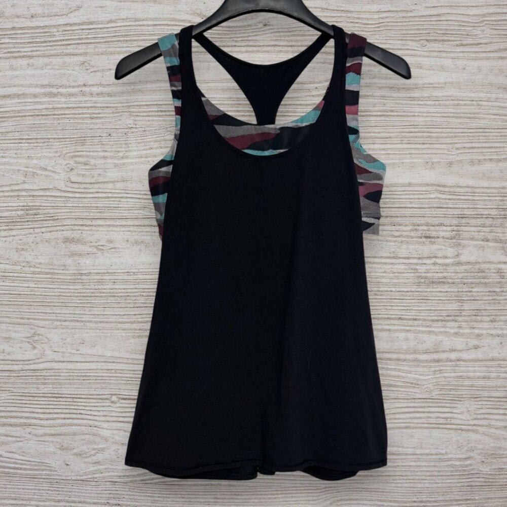 Lululemon All Sport Support Tank w/Built In Bra Black Camo Multi Blue Purple 10
